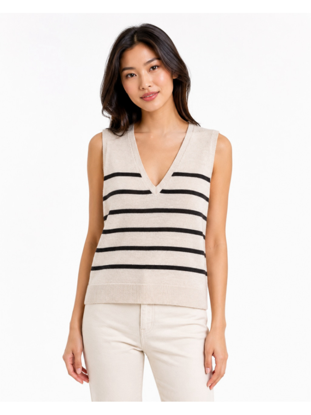 LOFT Women's Tan & Black Striped V-Neck Lightweight Sleeveless Sweater